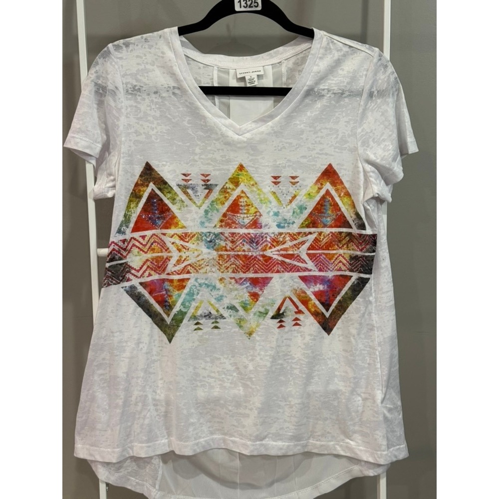 Tribal Jeans Womens White Burnout V-Neck T-Shirt Geometric Aztec Festival Small